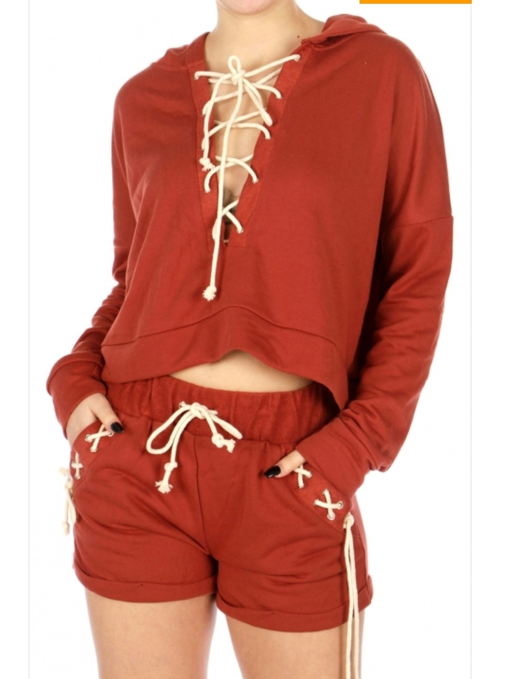 Ellie & Kate rust Lace-Up Hoodie & Shorts Set